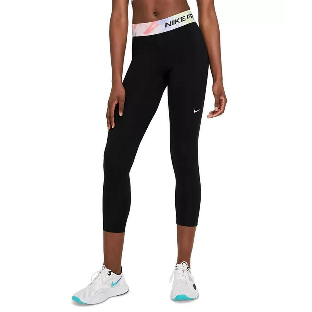 Nike Pro Women's Black Polyester Printed-Waist Logo 7/8 Length Legging, Size-XS